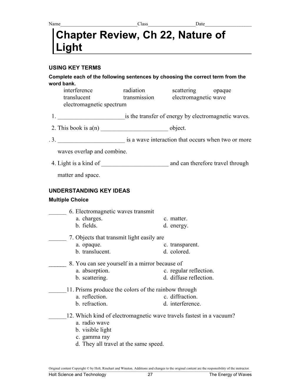 Chapter Review, Ch 22, Nature of Light