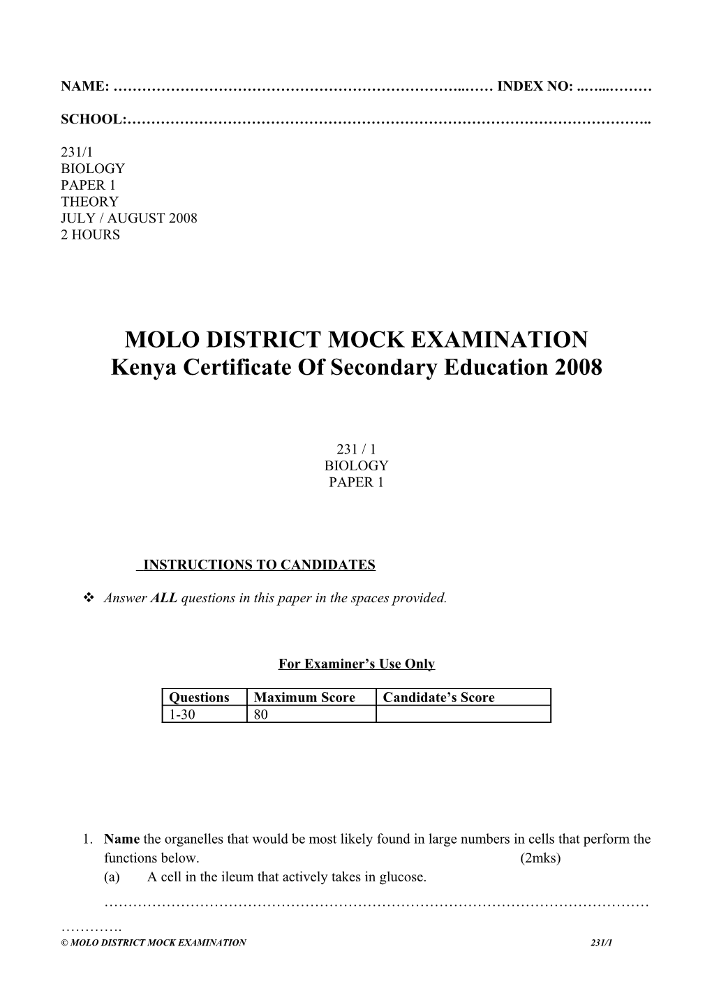 Molo District Mock Examination