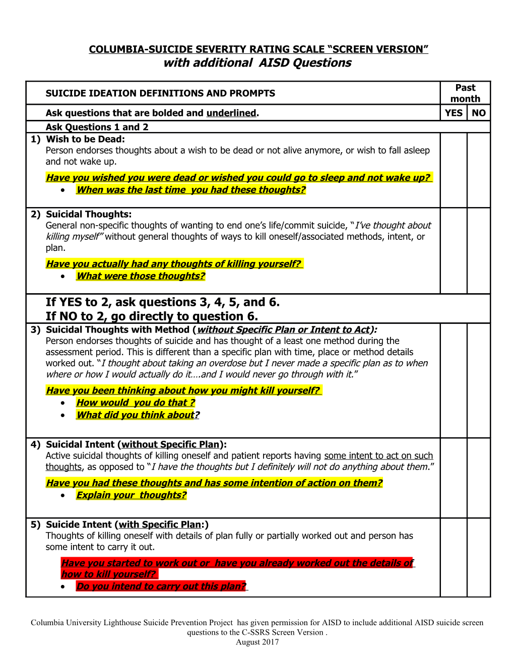 Suicide Ideation Definitions and Prompts