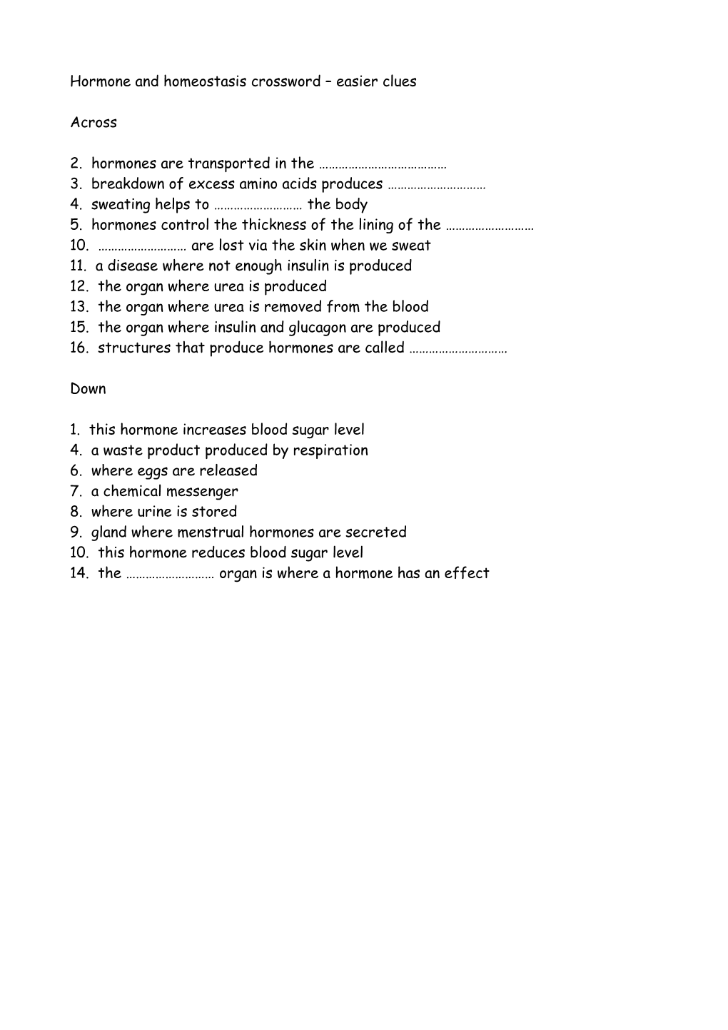 Hormone and Homeostasis Crossword Easier Clues