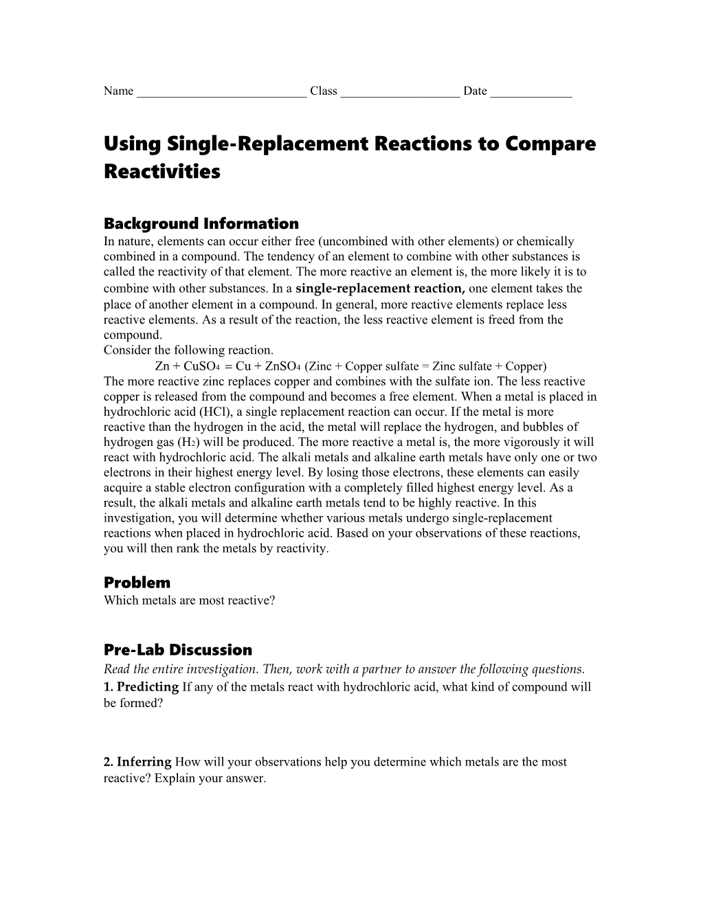 Using Single-Replacement Reactions to Compare Reactivities