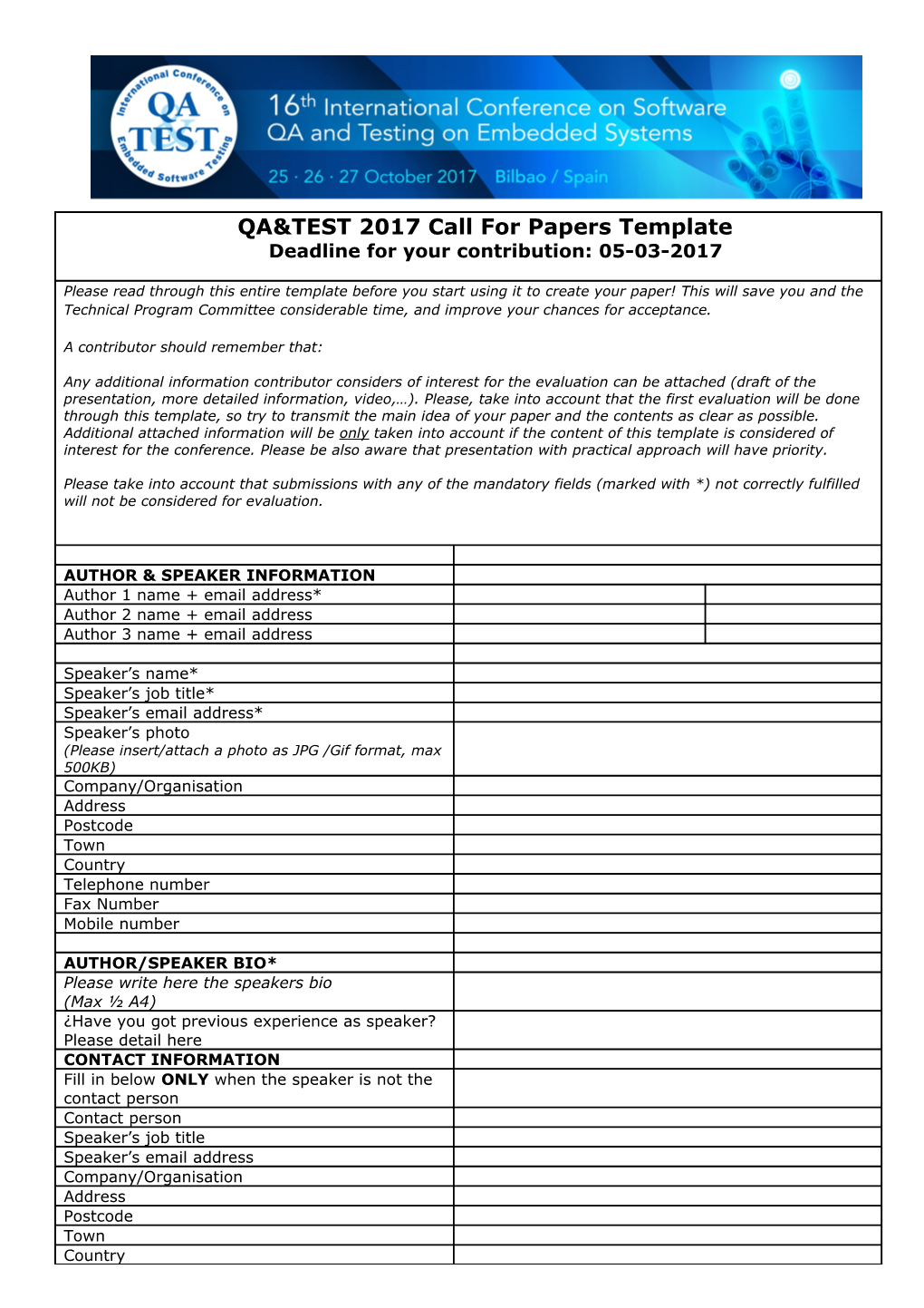 QA&TEST 2016 Call for Paper Template