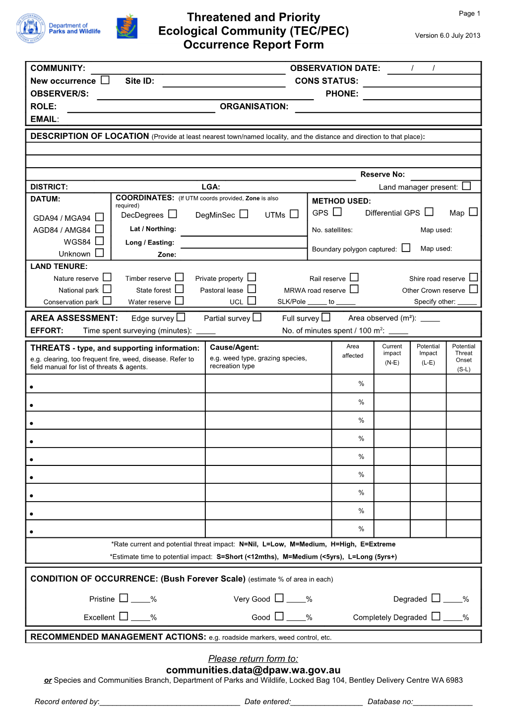 TEC Occurence Report Form