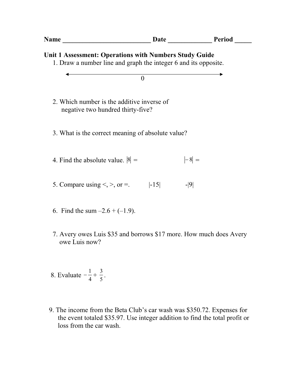 Unit 1 Assessment: Operations with Numbers Study Guide