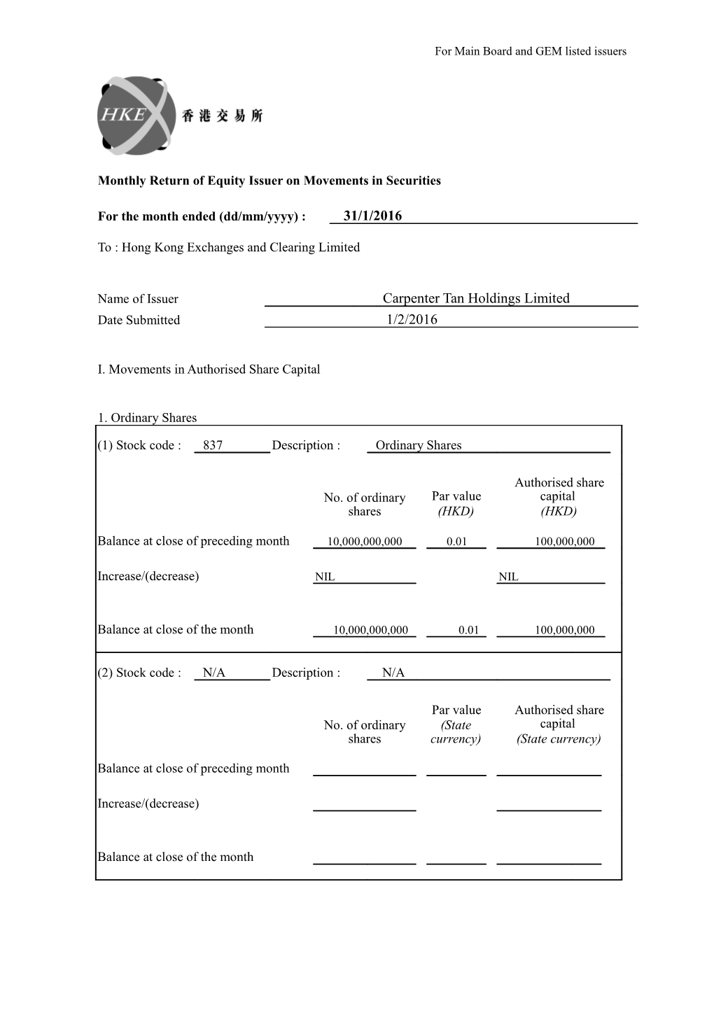 Monthly Return of Equity Issuer on Movements in Securities s6