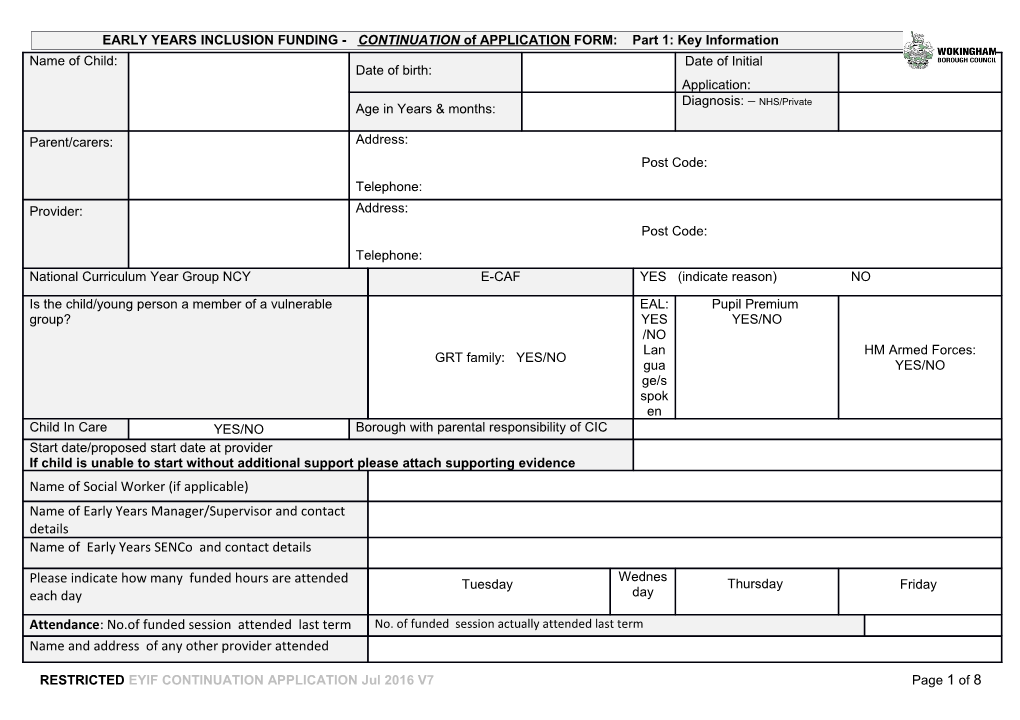 Exceptional Needs Funding Application Form