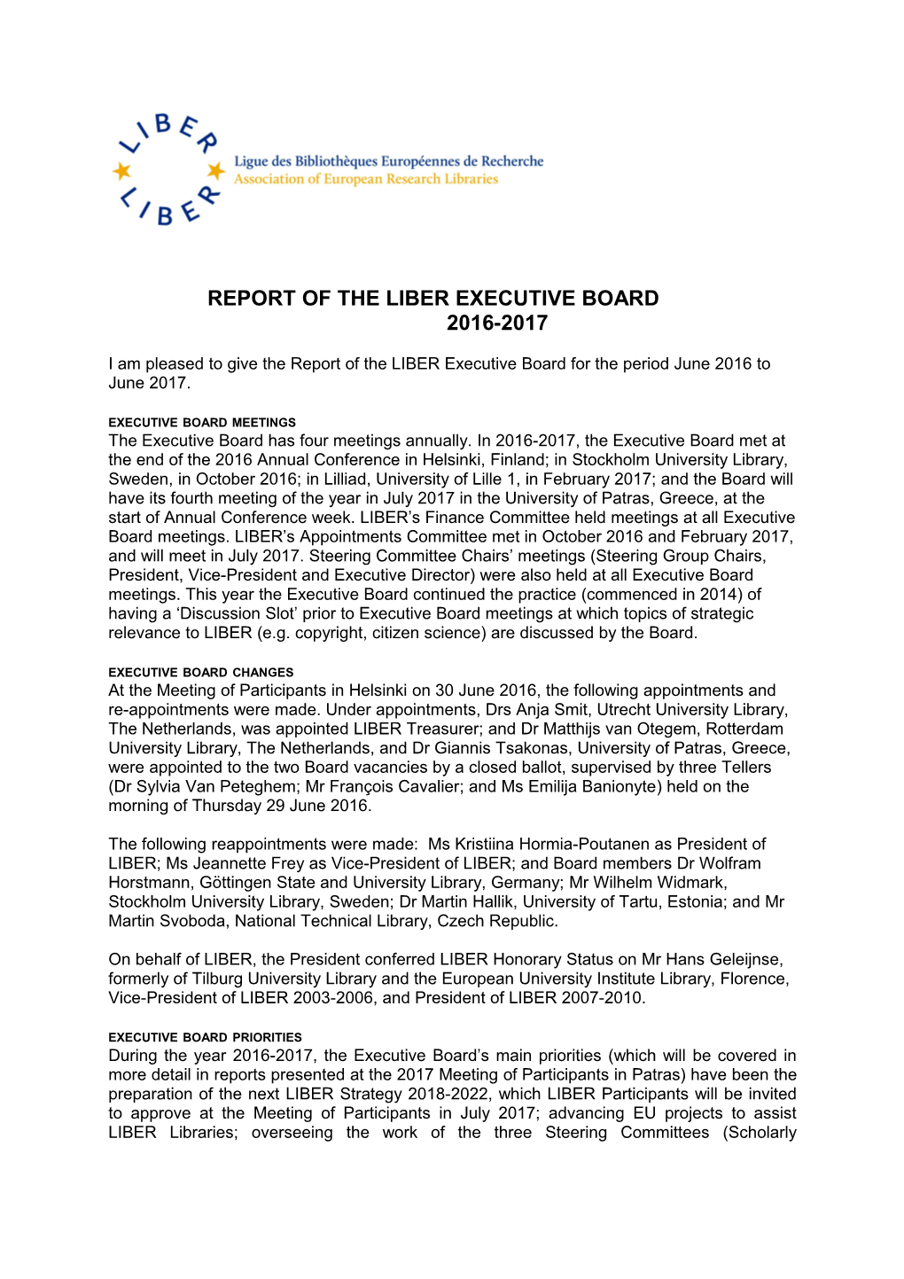 Report of the Liber Executive Board