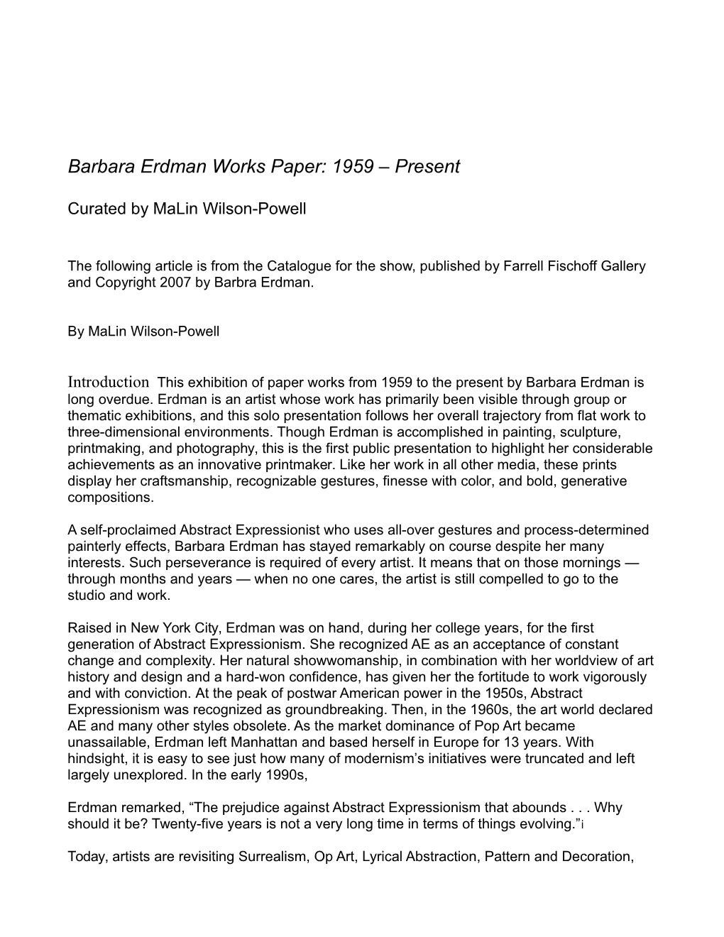 Barbara Erdman Works Paper: 1959 Present