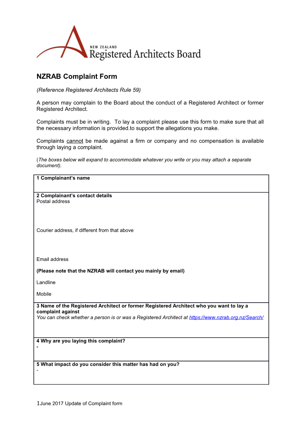 NZRAB Complaint Form