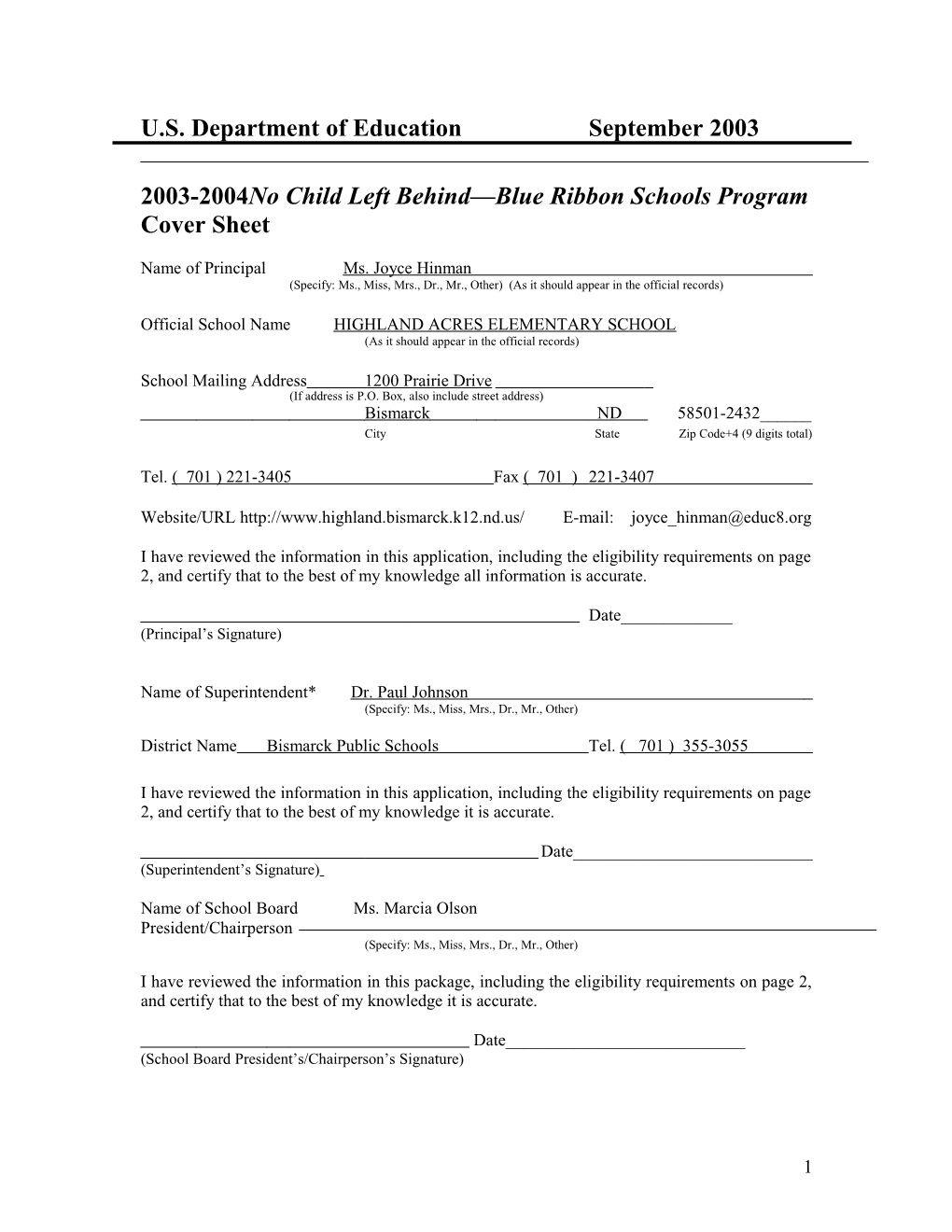 Highland Acres Elementary School 2004 No Child Left Behind-Blue Ribbon School Application