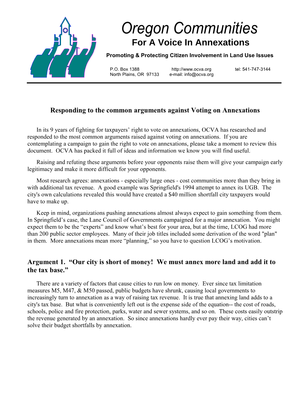 OCVA - Responding to the Common Arguments Against Voting on Annexations