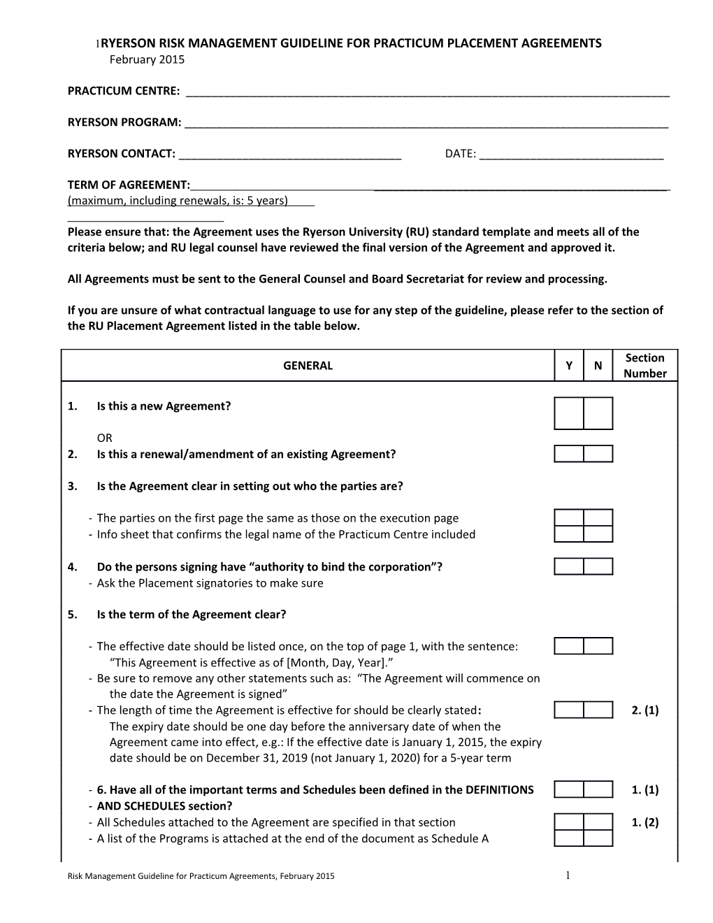 Ryerson Contract Checklist for Risk Management