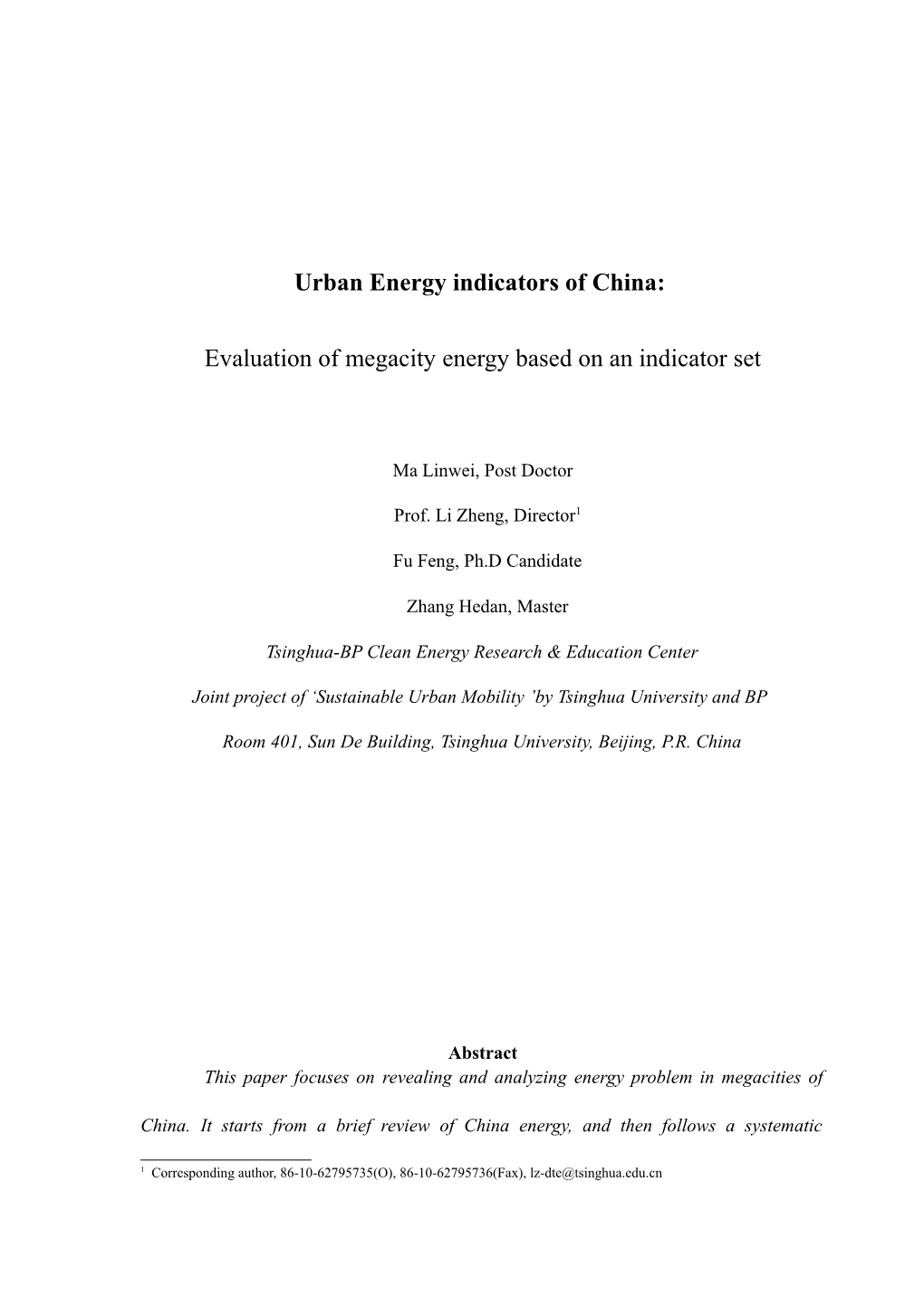 Energy for Megacities of China