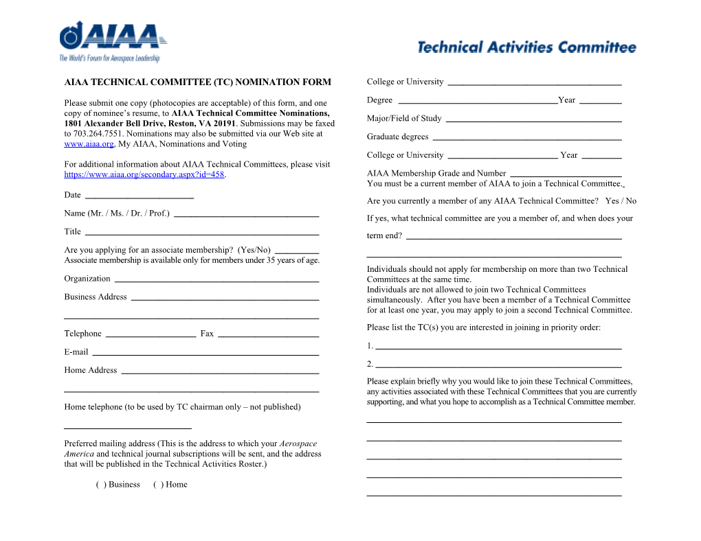 Aiaa Technical Committee (Tc) Nominee Form s1
