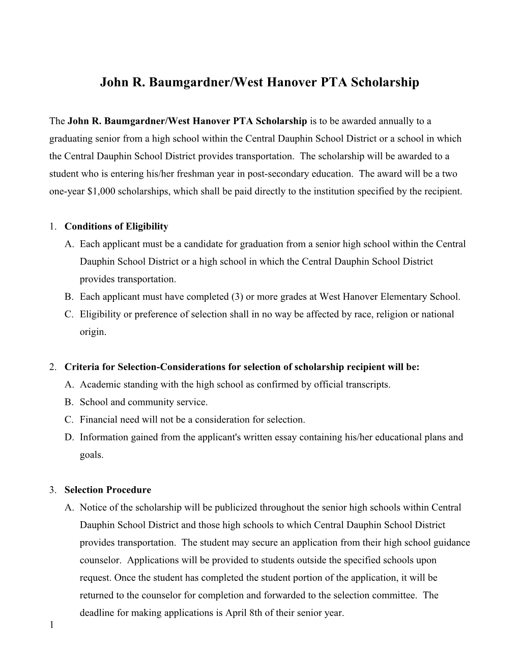 West Hanover Elementary School PTA Scholarship