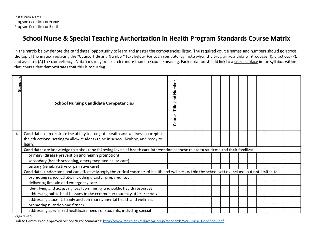 School Nurse & Special Teaching Authorization in Health Program Standards Course Matrix
