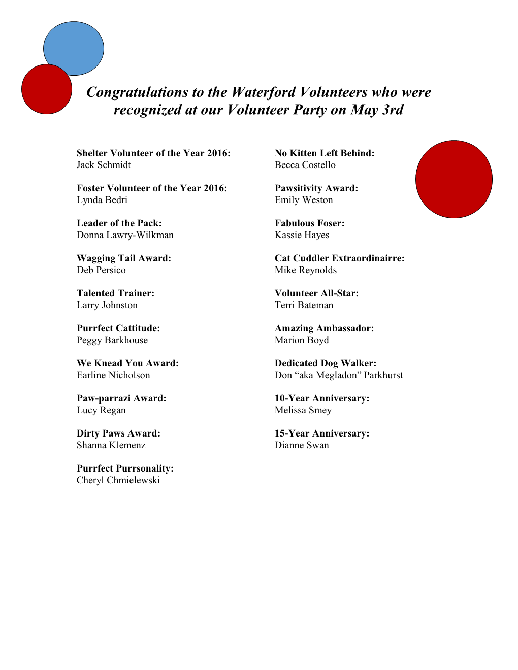 Congratulations to the Volunteers Who Were Recognized at Our Volunteer Appreciation Party