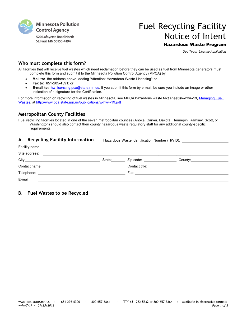 Fuel Recycling Facility Notice of Intent - Form