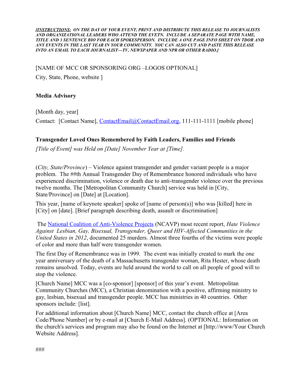 MCC Congregational TDOR Press Release