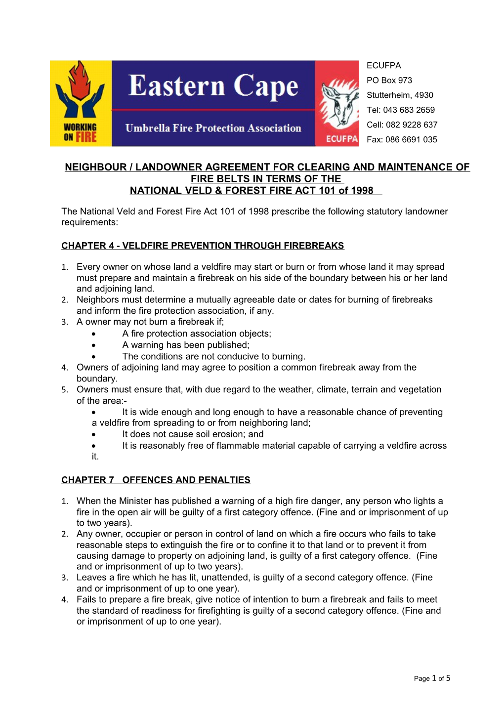 Neighbour / Landowner Agreement for Clearing and Maintenance of Fire Belts in Terms of The