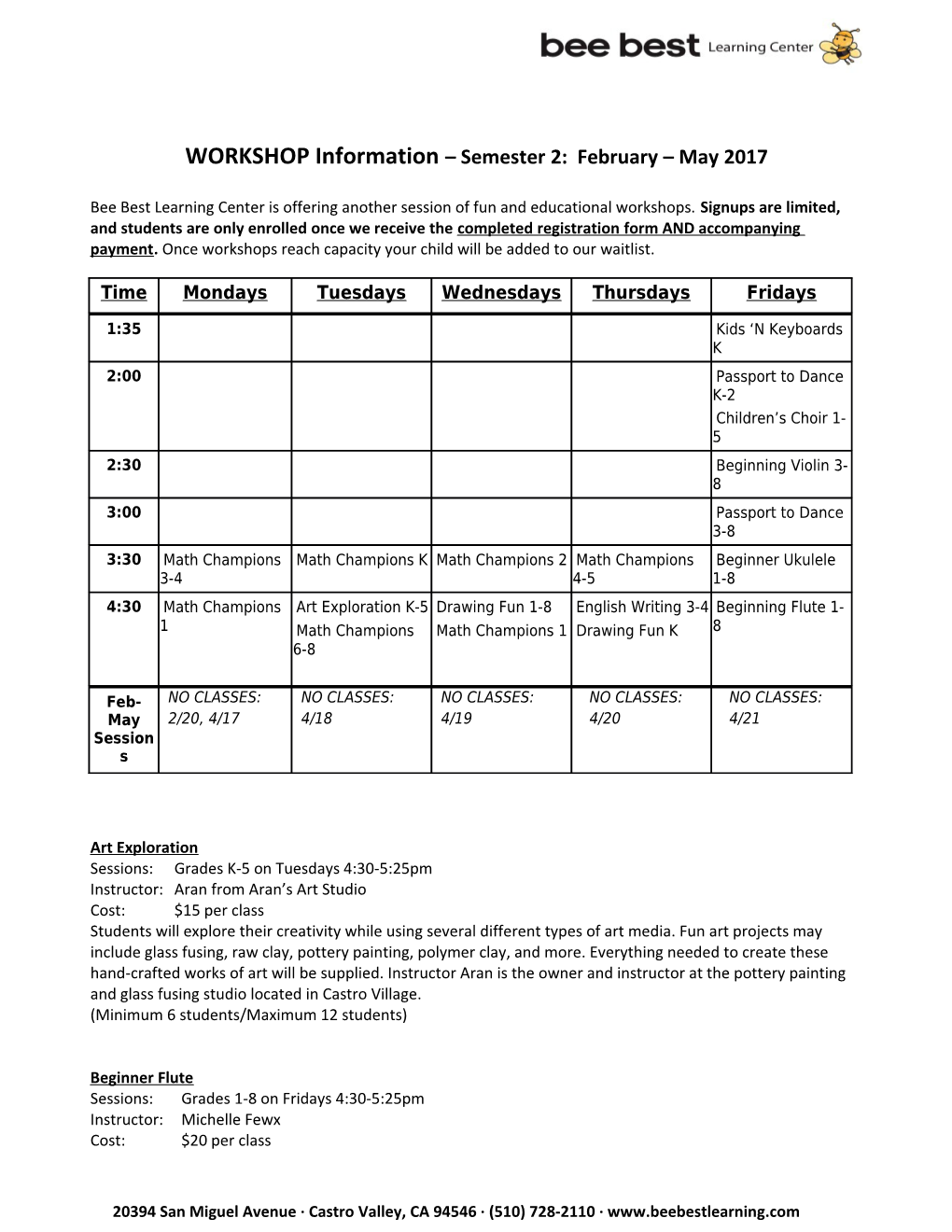 WORKSHOP Information Semester 2: February May 2017