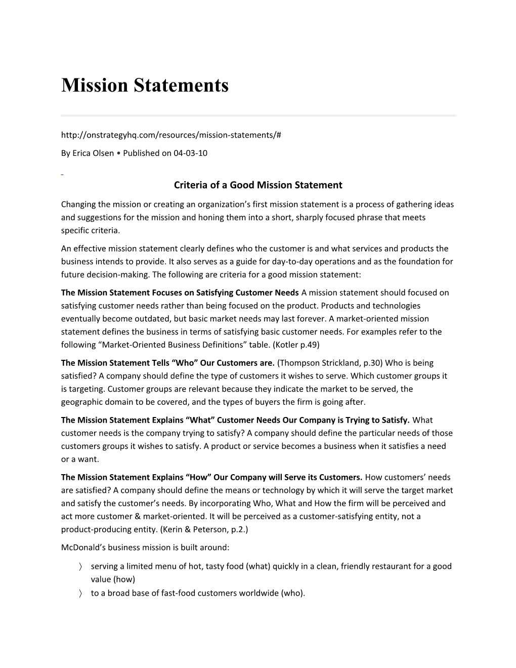 Criteria of a Good Mission Statement