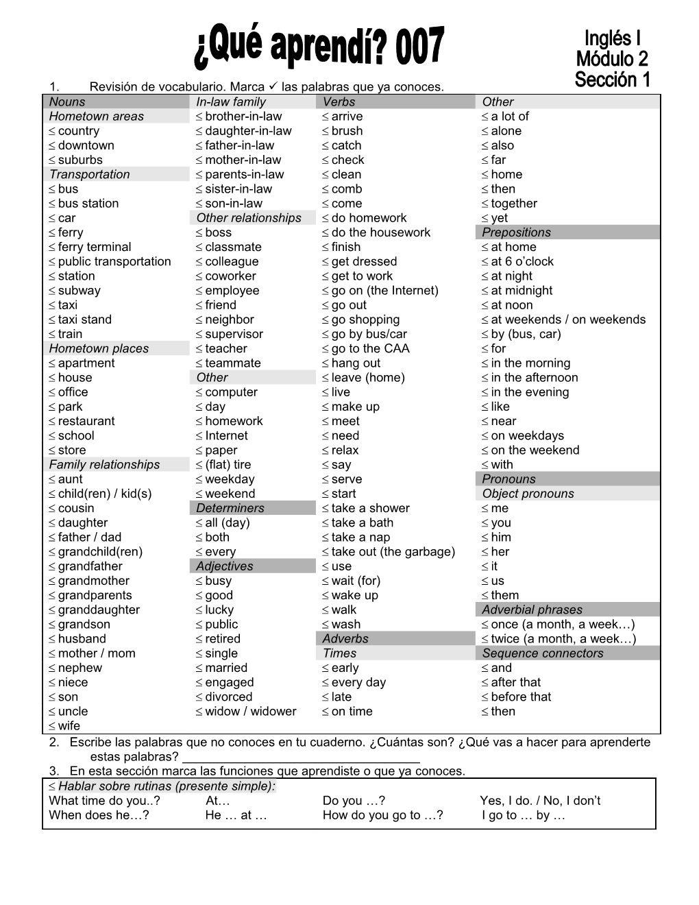 1. Revisión De Vocabulario. Marca P Las Palabras Que Ya Conoces