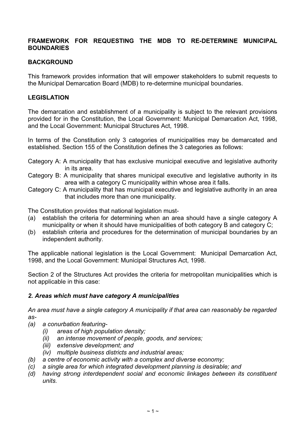 Framework for Requesting the Mdb to Re-Determine Municipal Boundaries