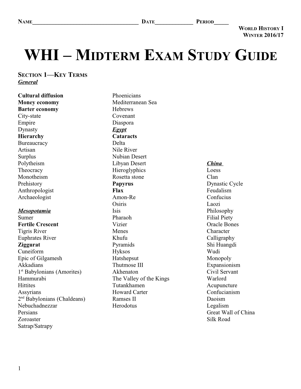 WHI Midterm Exam Study Guide