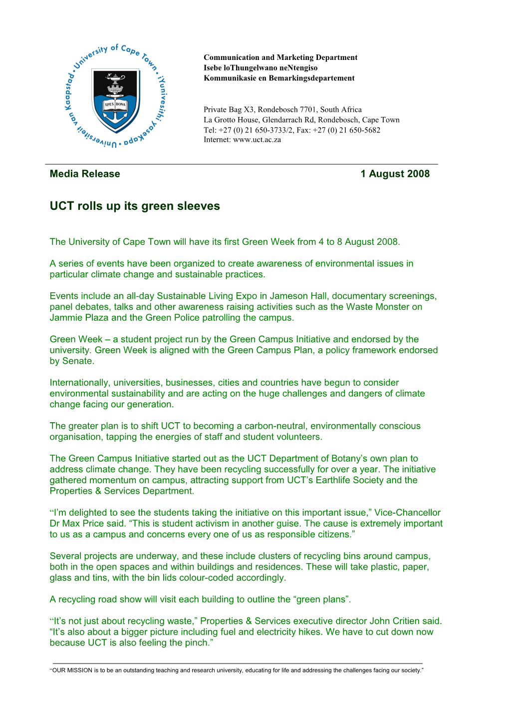 UCT Rolls up Its Green Sleeves