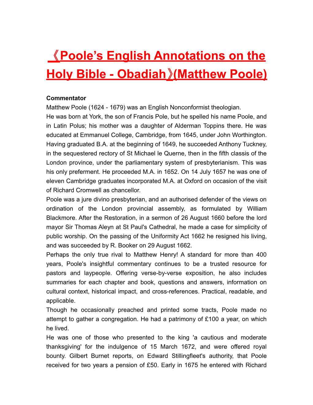 Poole S English Annotations on the Holy Bible - Obadiah (Matthew Poole)