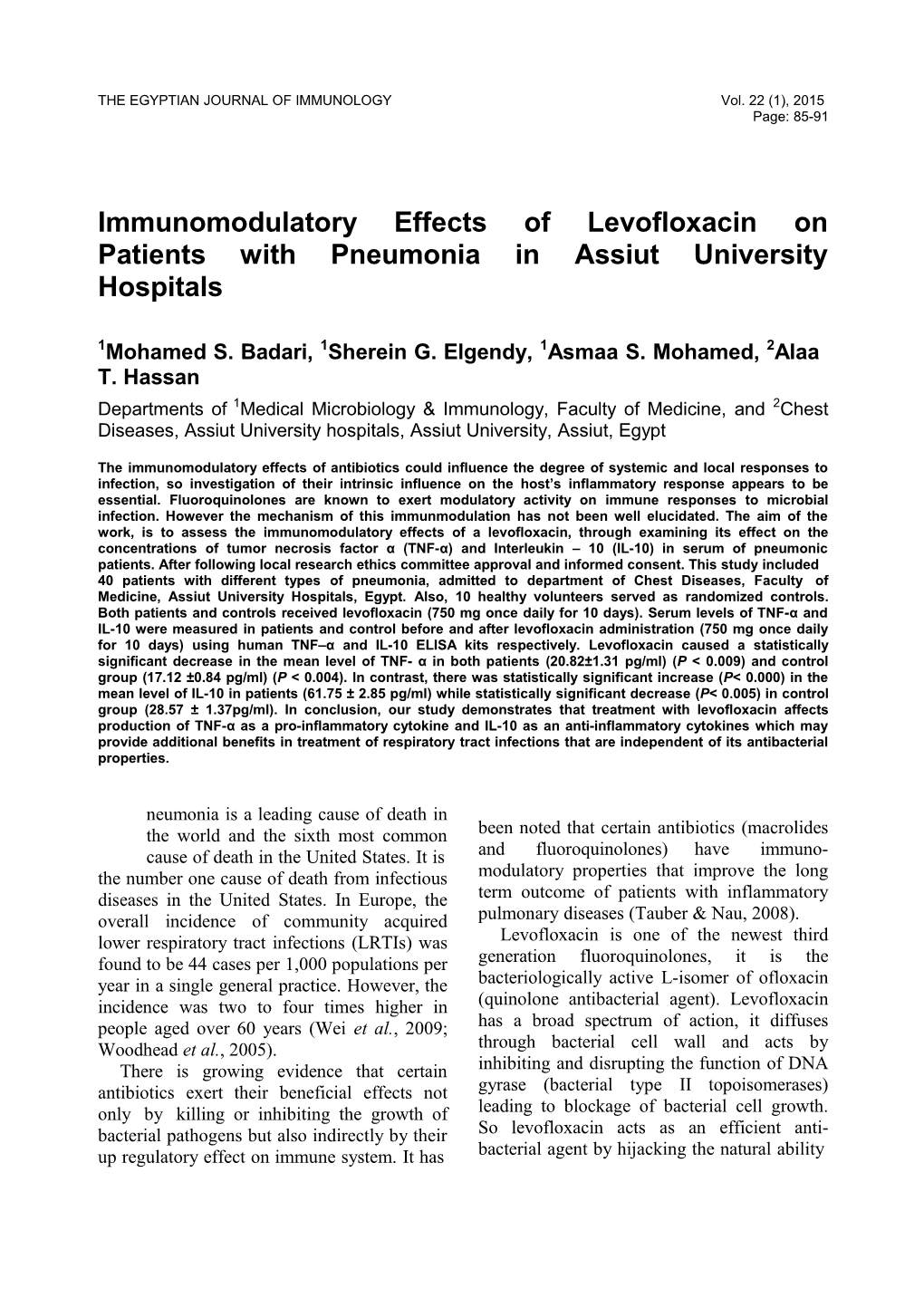 Immunomodulatory Effects of Levofloxacin on Patients with Pneumonia in Assiut University