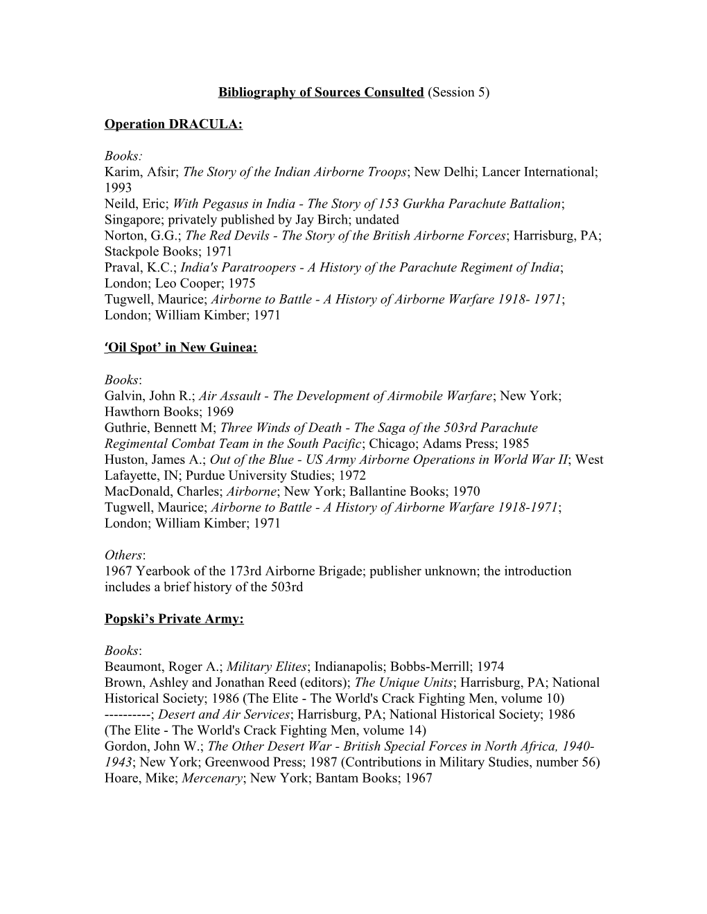 Bibliography of Sources Consulted (Session 5)