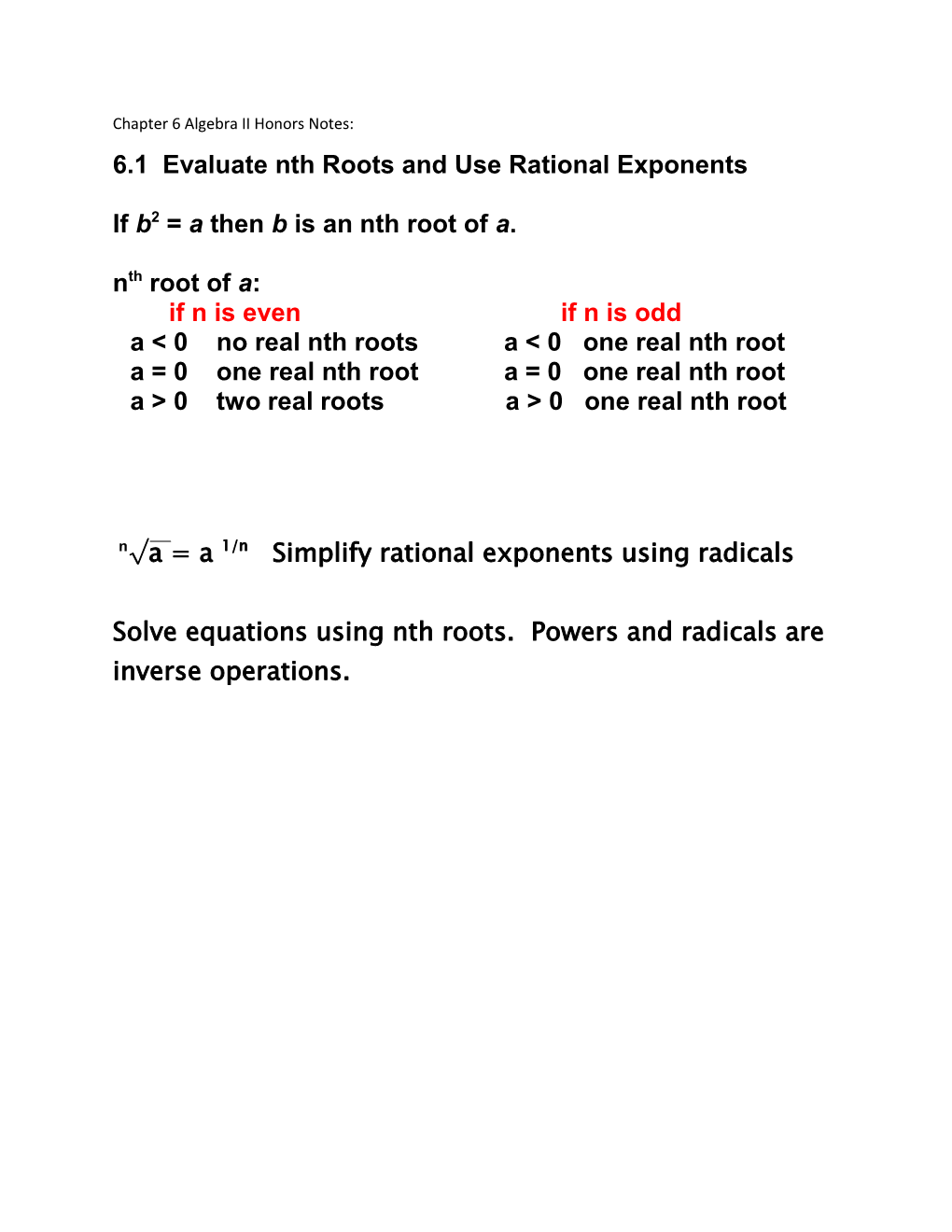 6.1 Evaluate Nth Roots and Use Rational Exponents