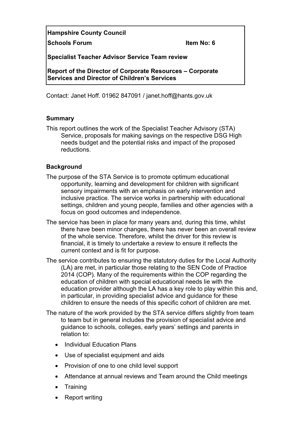 1.1This Report Outlines the Work of the Specialist Teacher Advisory (STA) Service, Proposals