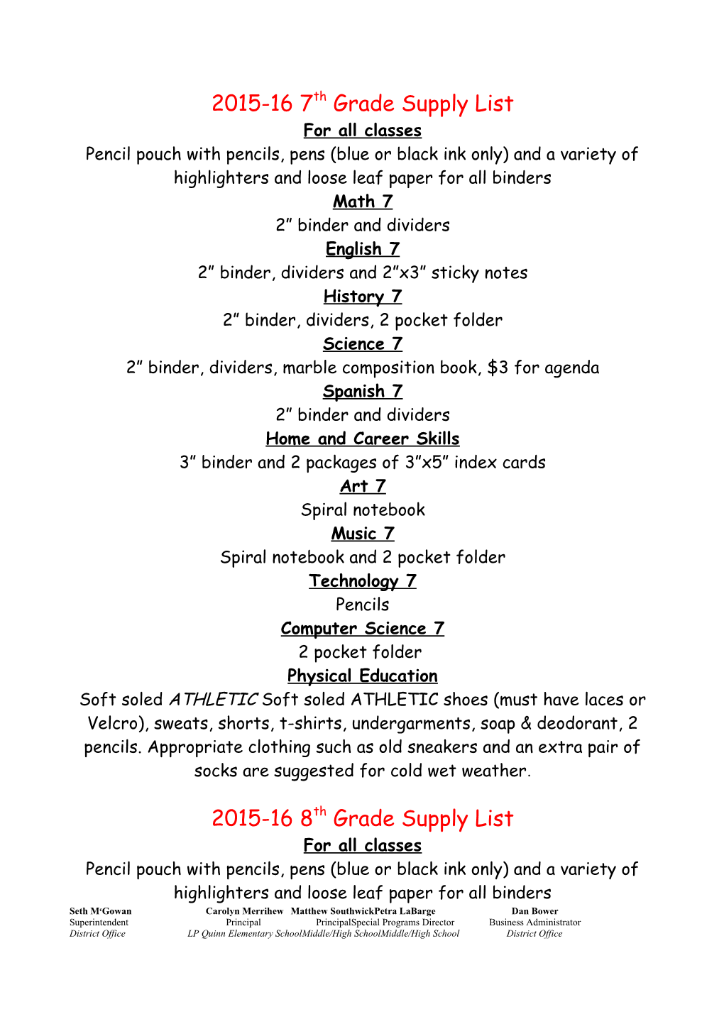 2015-16 7Th Grade Supply List