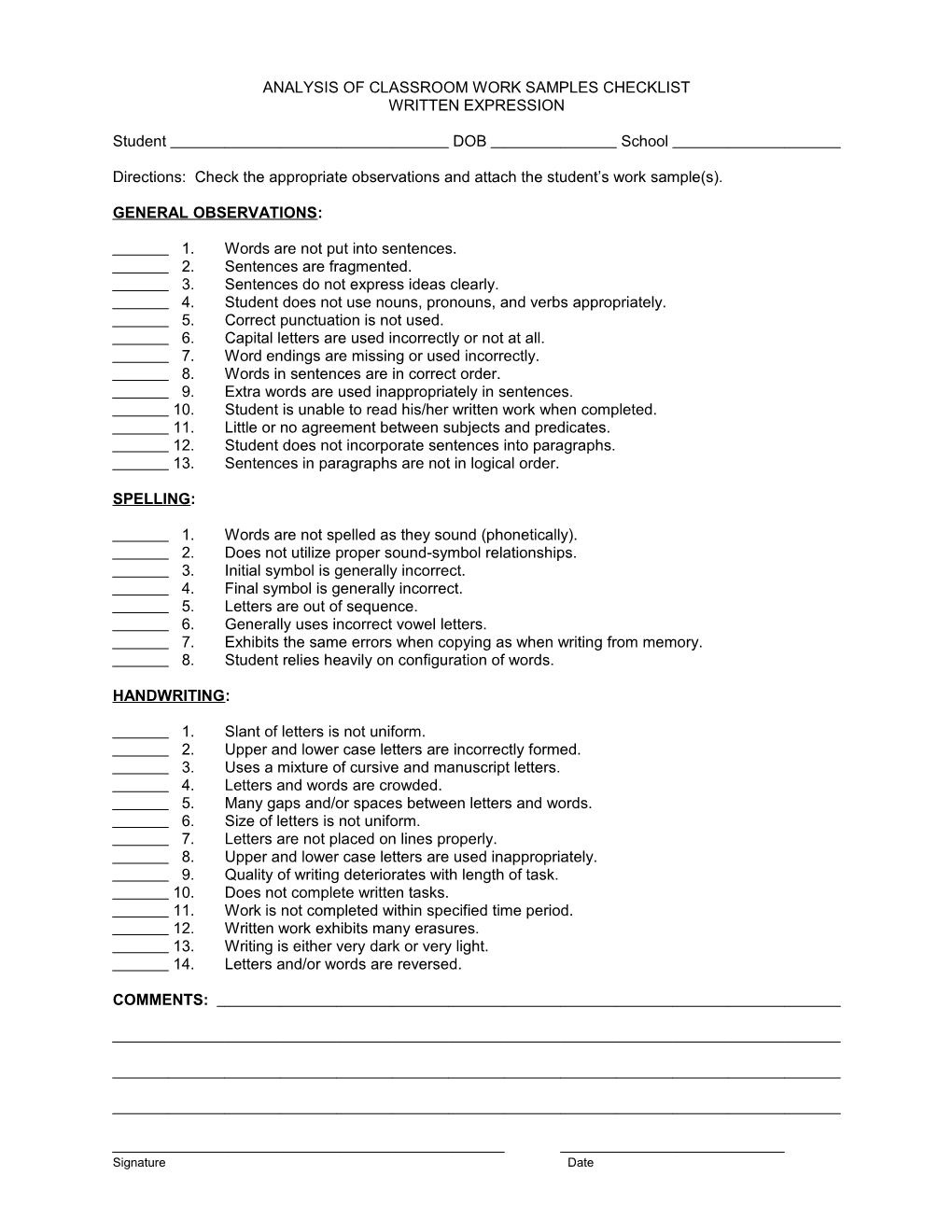 Analysis of Classroom Work Samples Checklist
