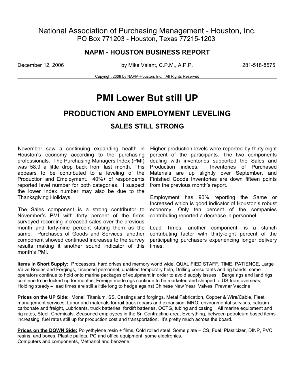 NAPM - Houston, Inc Business Report Summary November 2006