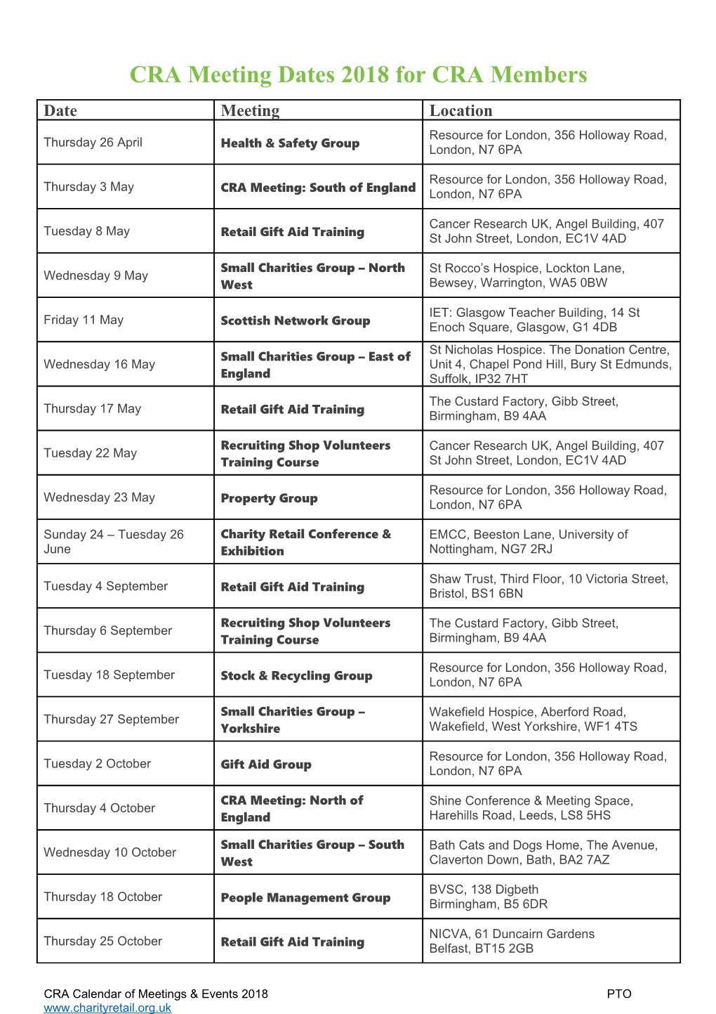 CRA Meeting Dates 2018 for CRA Members