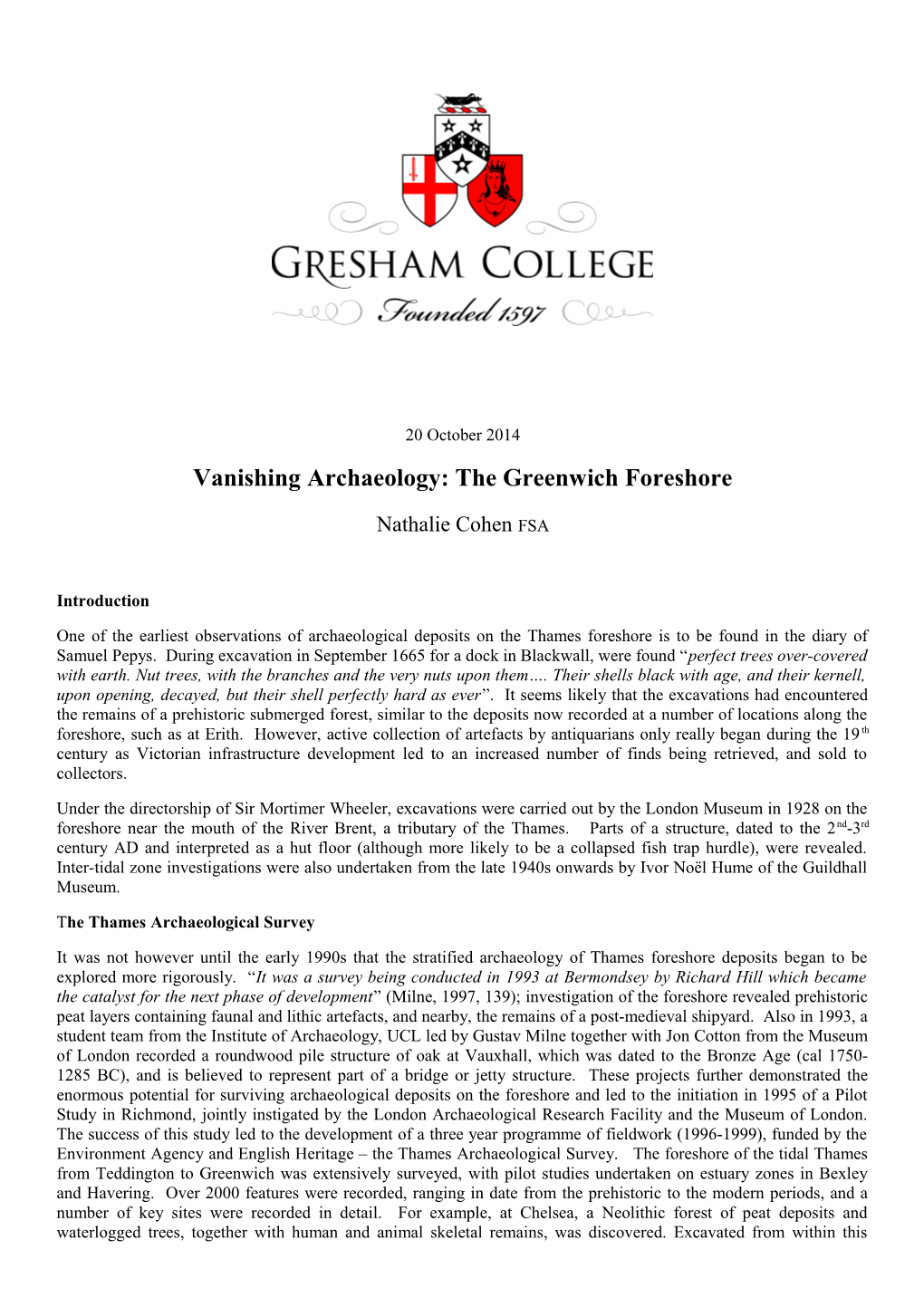 Vanishing Archaeology: the Greenwich Foreshore