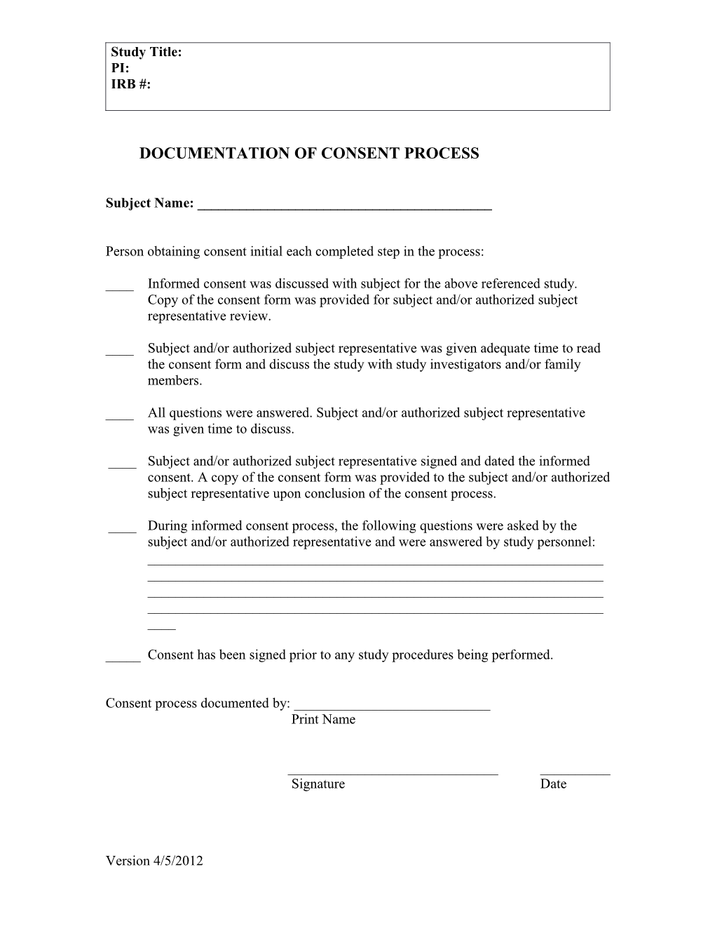 Checklist for Documenting Informed Consent