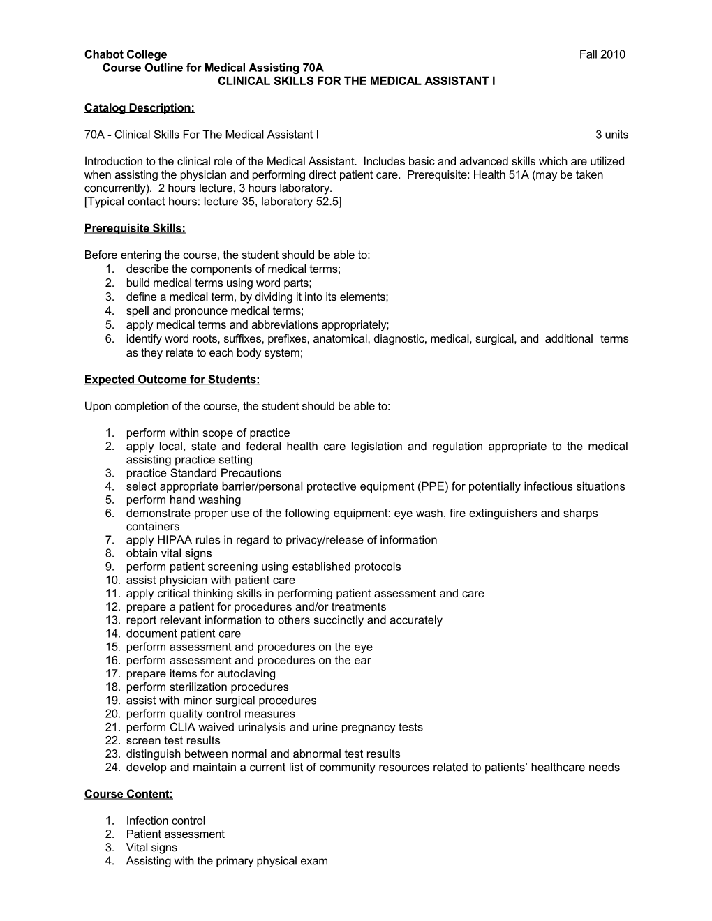 Course Outline for Medical Assisting 70A, Page 4