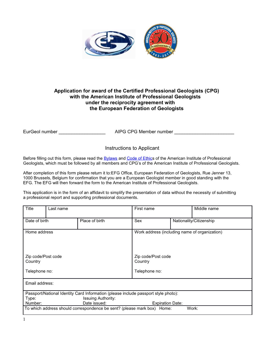 Application for Award of the Certified Professional Geologists (CPG)