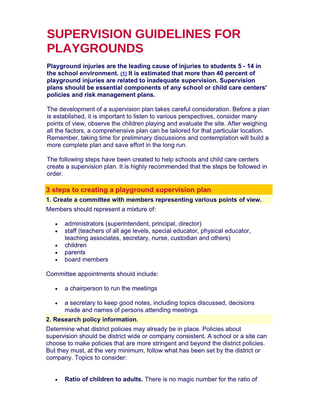 Supervision Guidelines For Playgrounds