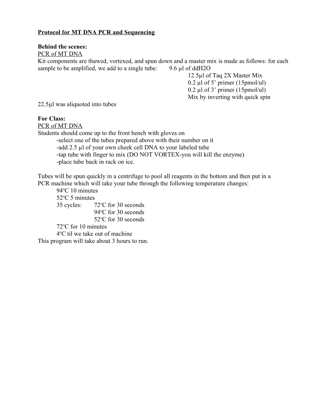 Protocol for MT DNA PCR and Sequencing