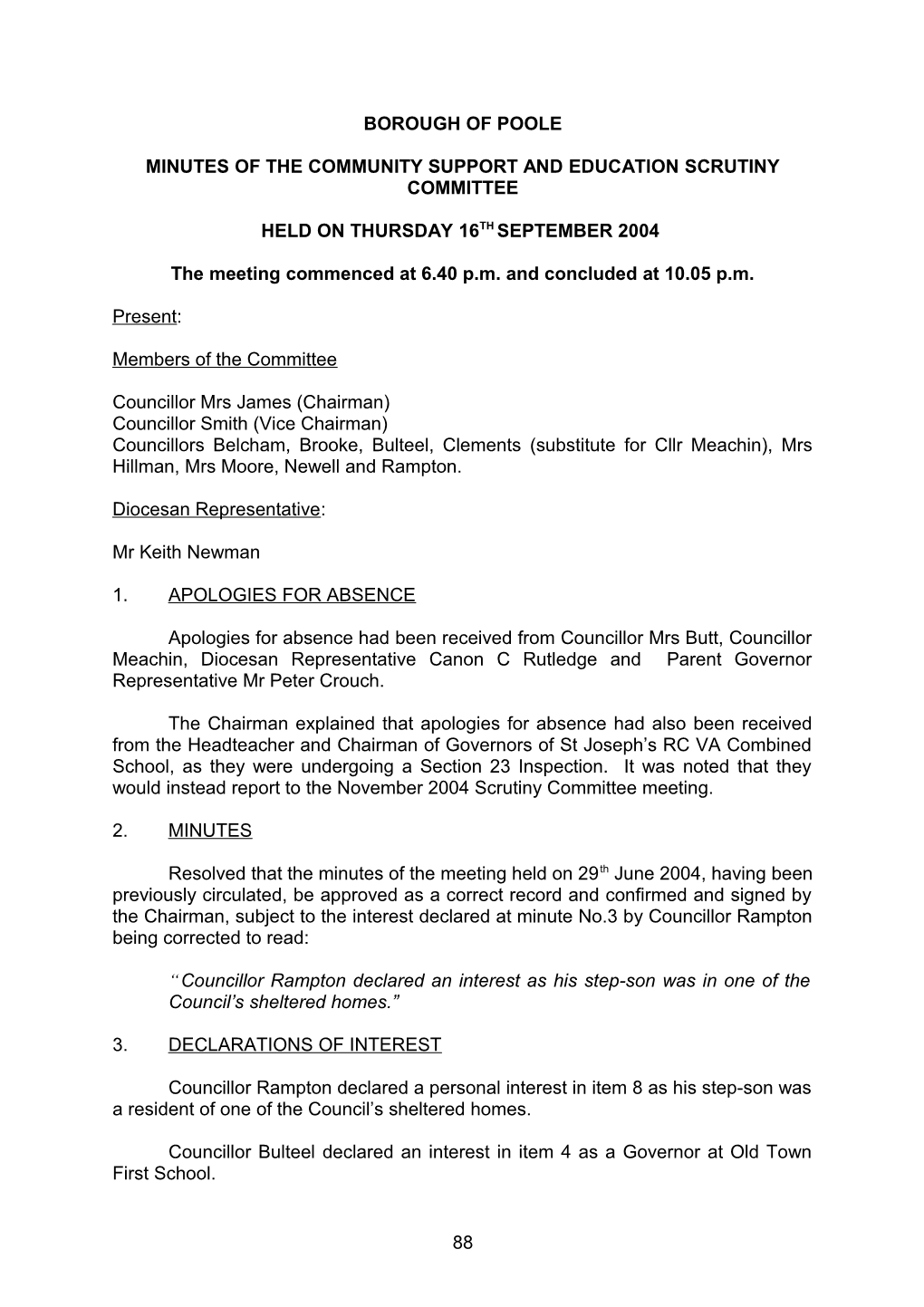 Minutes - Community Support and Education Scrutiny Commitee - 16Th September 2004