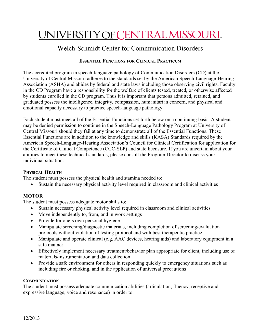 Essential Functions for Clinical Practicum