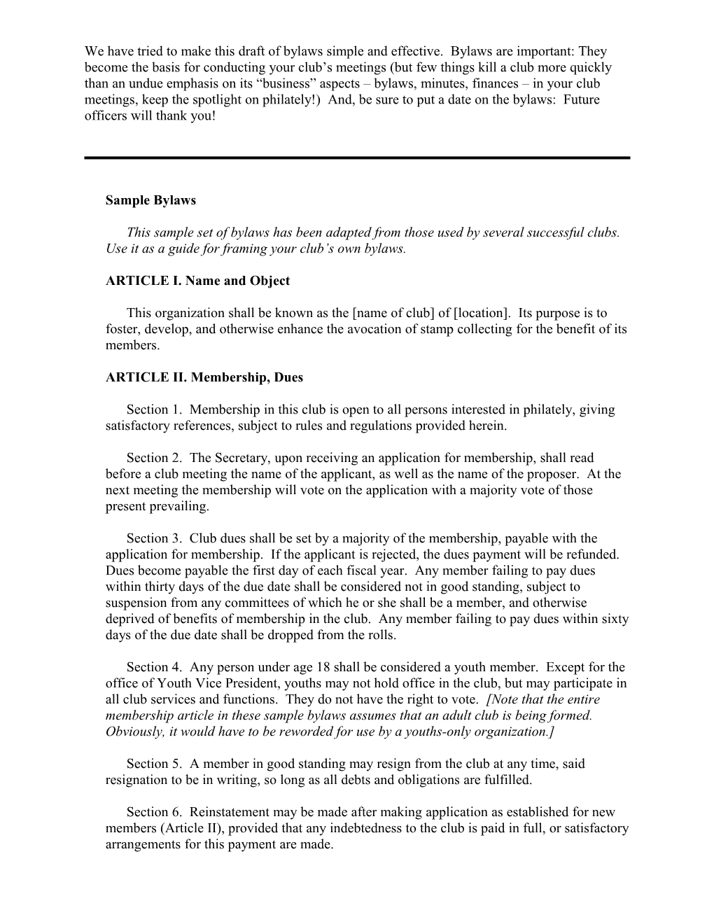 We Have Tried to Make This Draft of Bylaws Simple and Effective