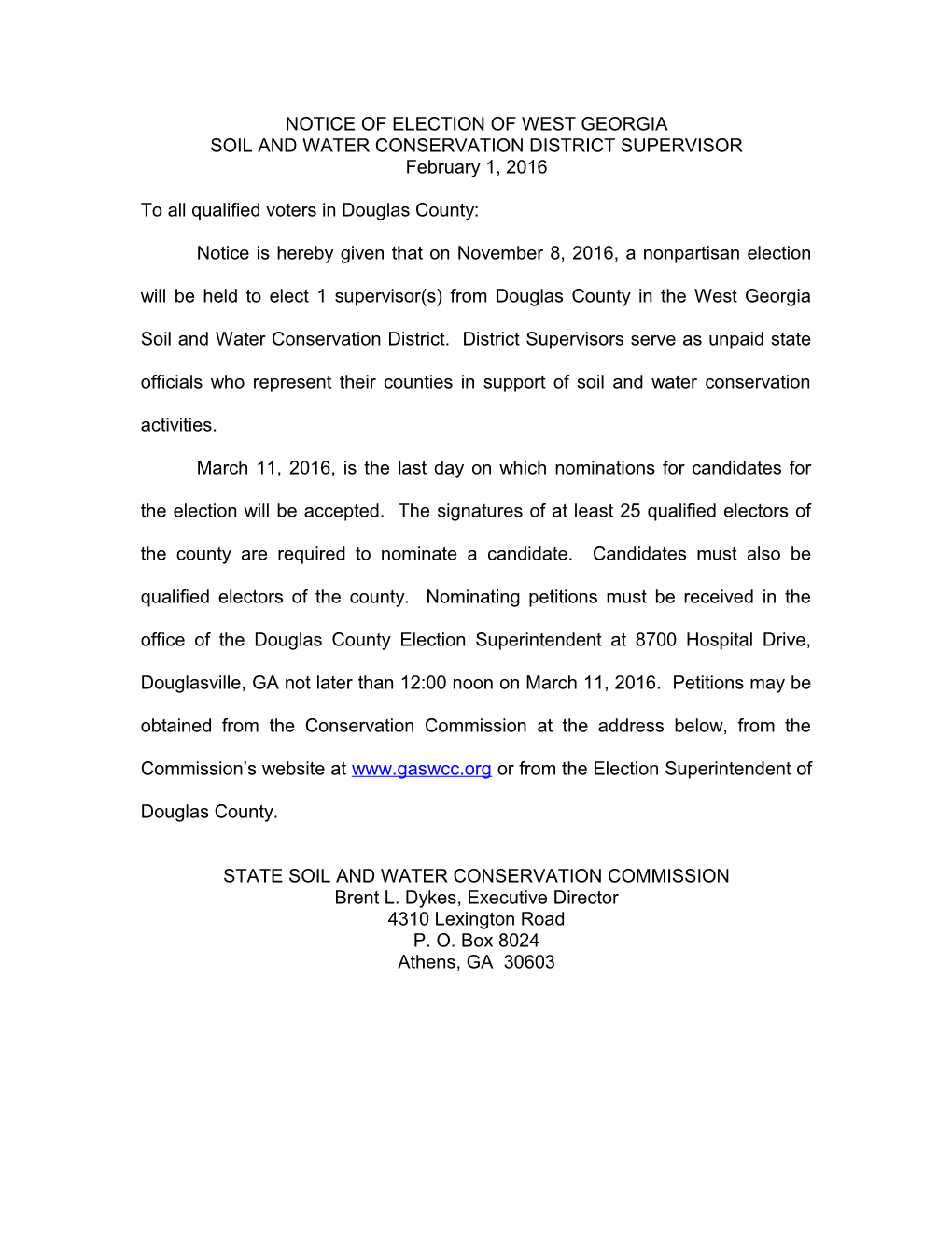 NOTICE of ELECTION of West Georgia