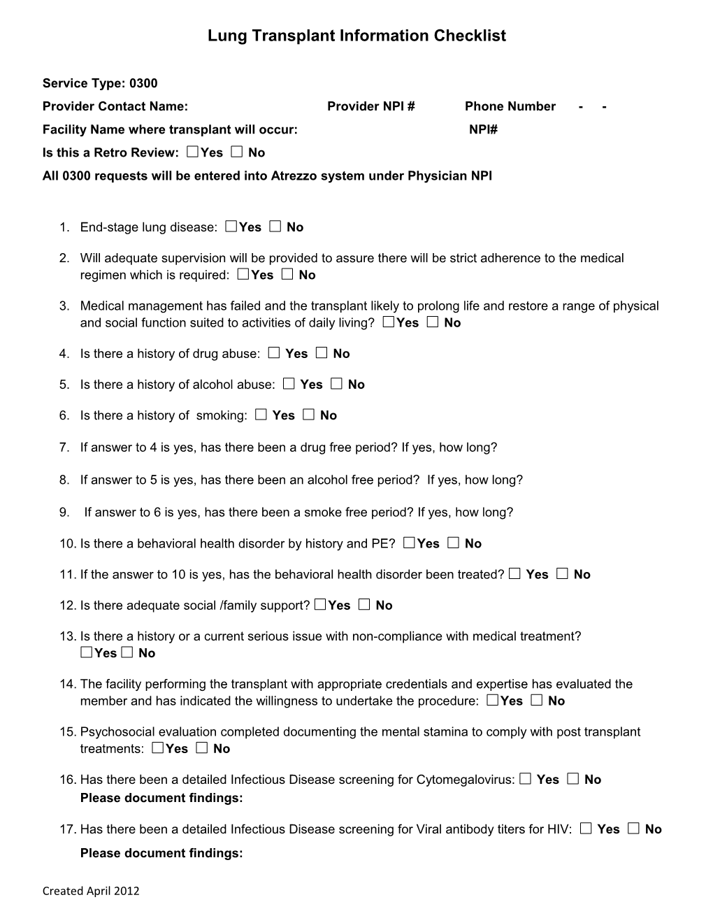 Lung Transplant Checklist